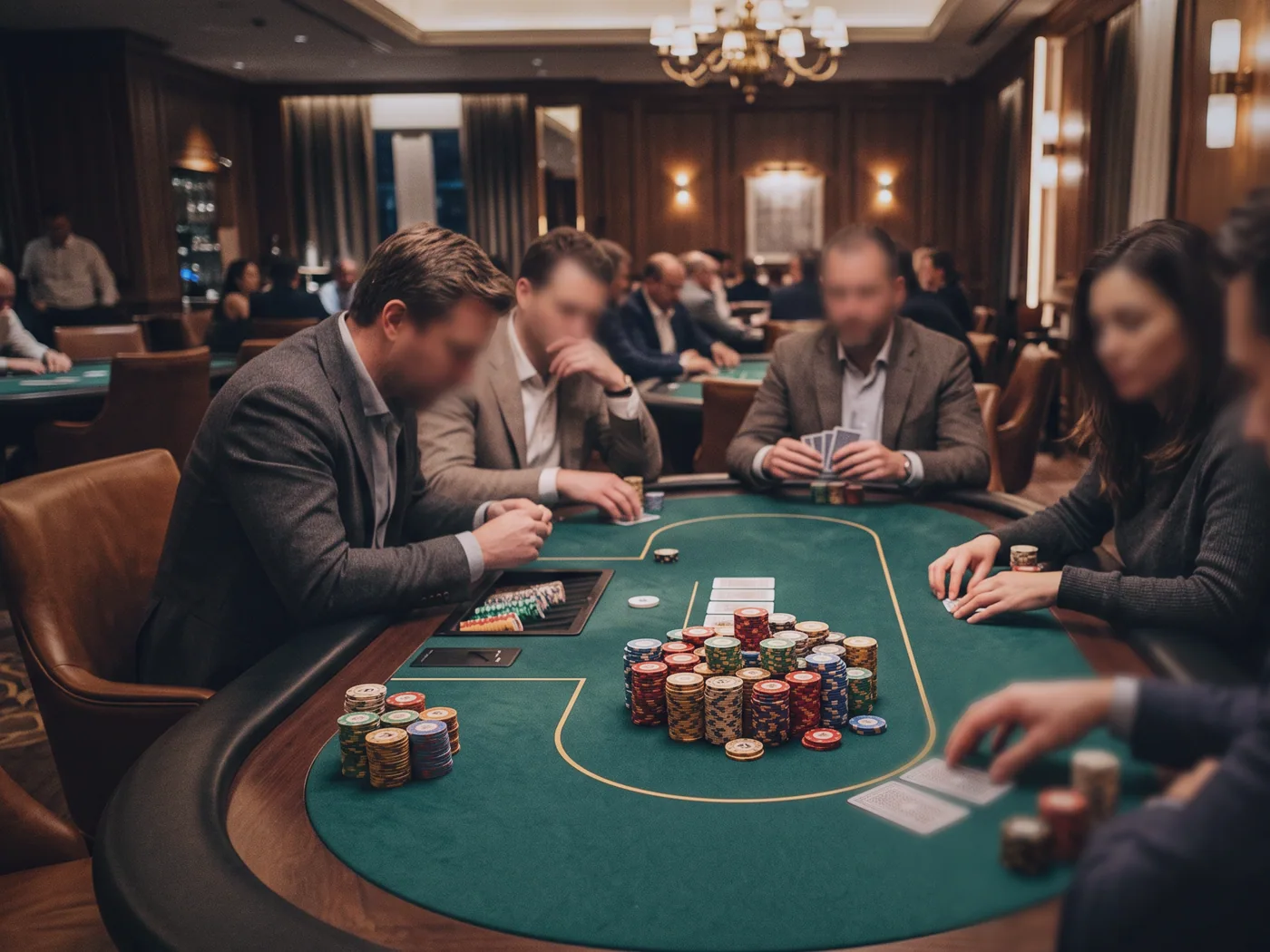 A dealer's hand sliding cards across worn green felt during a round of five hundred
