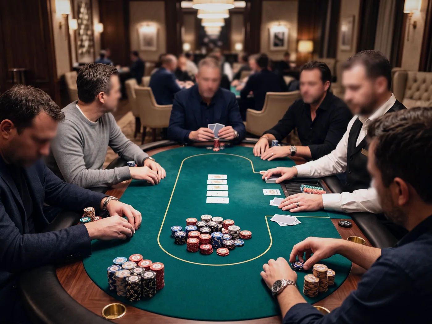A single card table set for six with chips stacked and ready under the light